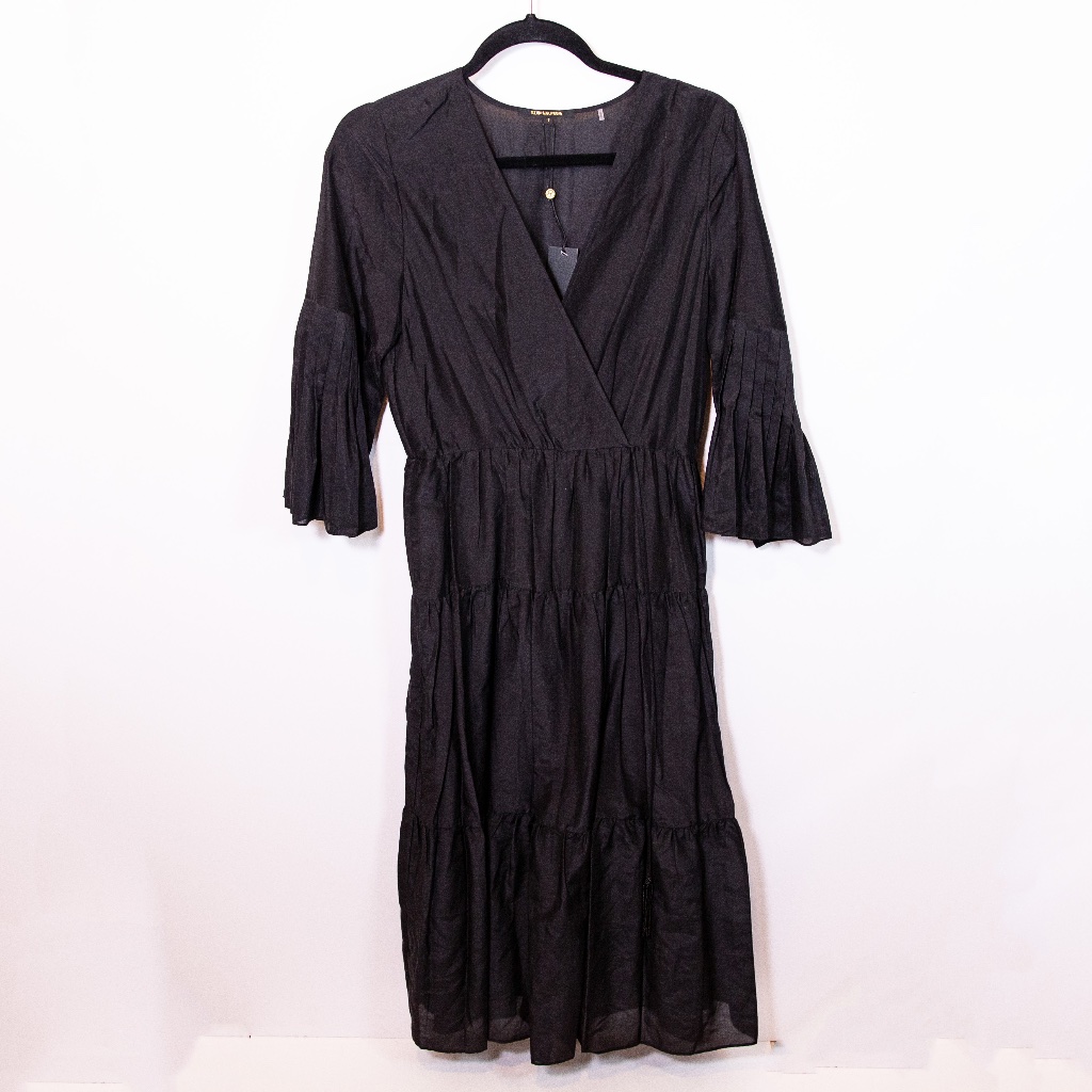 New Kobi Halperin Sasha 3/4 Sleeve V Neck Tiered Pullover Midi Dress Black Small